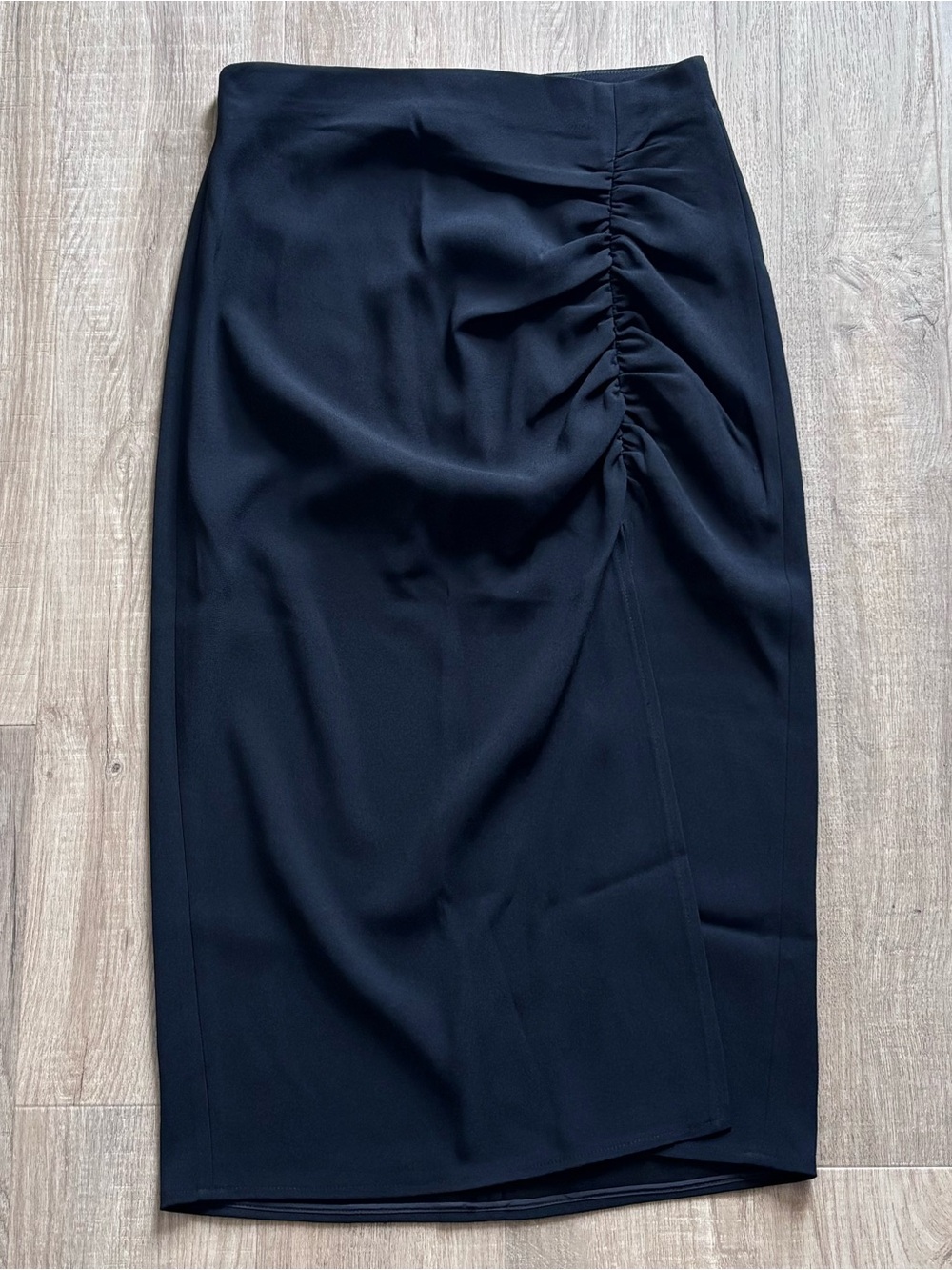 Babaton Ruched Midi Skirt with Front Slit